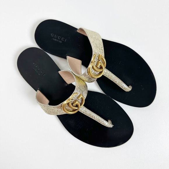 GUCCI Marmont Gold Sandal Size 38.5 US 8.5 Double GG Metallic Leather Flat Slide - Picture 5 of 15
